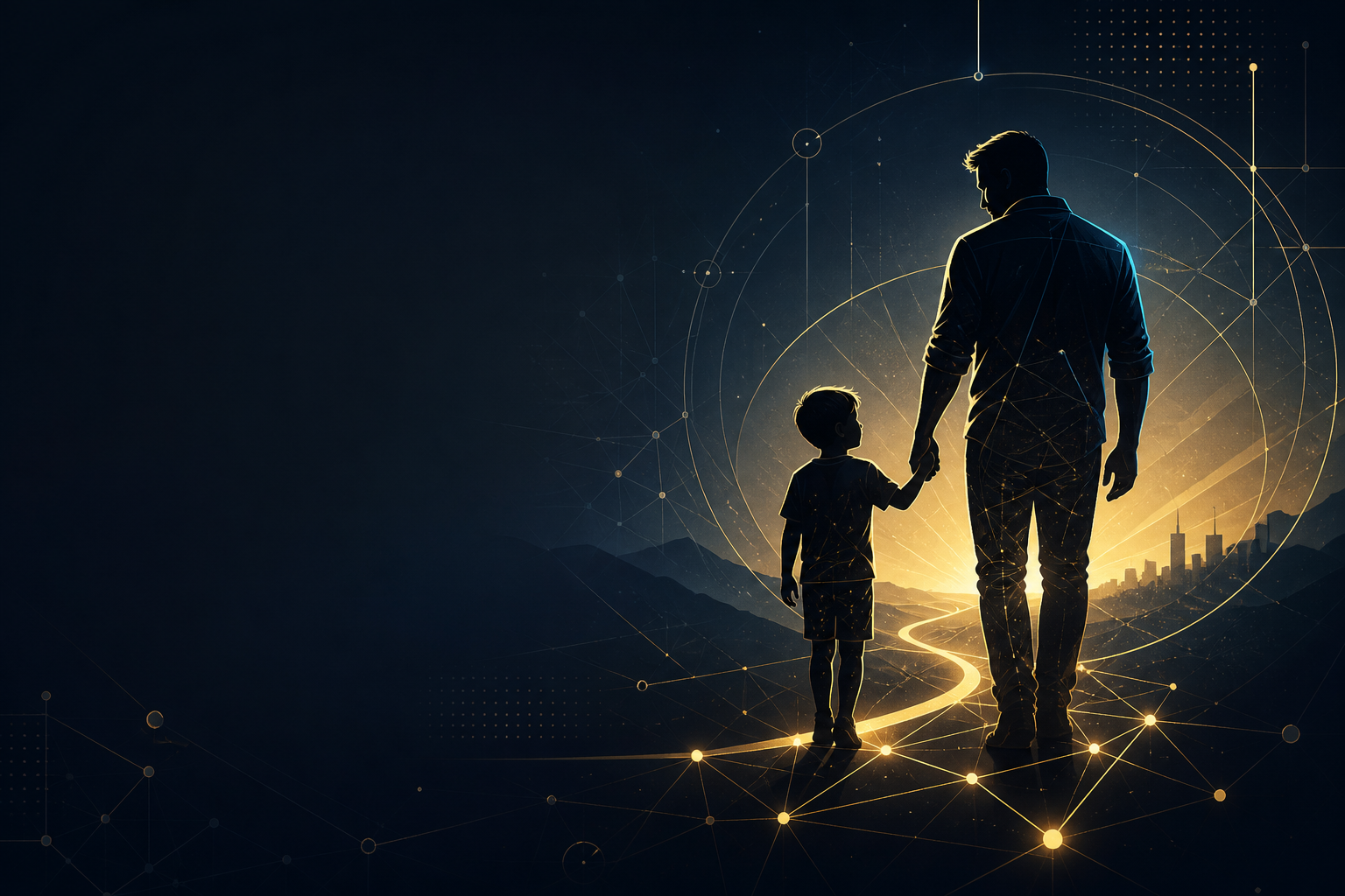 Father and son on a gold path of light